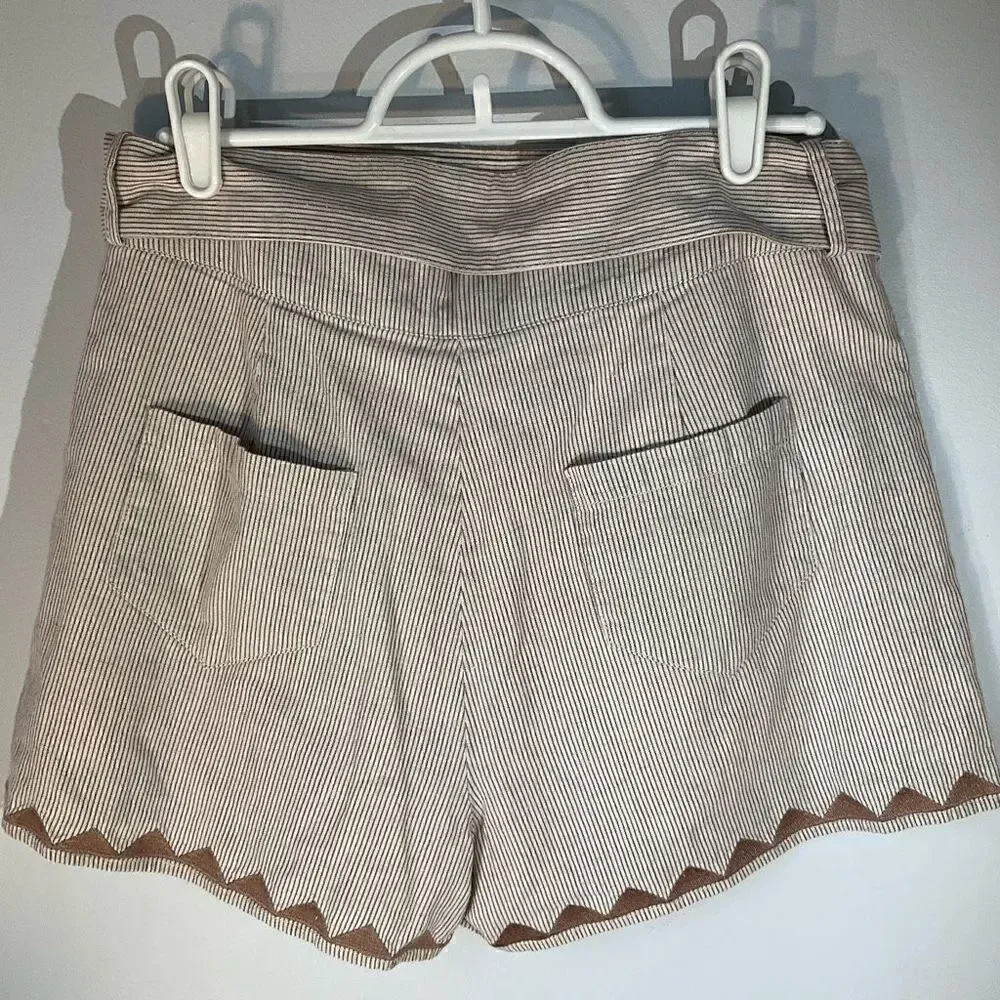 Moon River Pleat Blanket Stitch Short Paper Bag Shorts. Brown Pinstripes, Medium